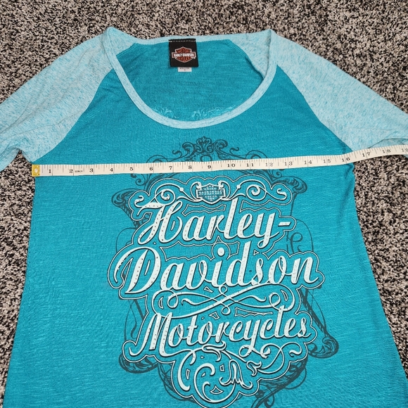 Harley-Davidson Motorcycle Teal Blue Bling Rhinestone Baseball Tee Women's Small - Picture 7 of 10